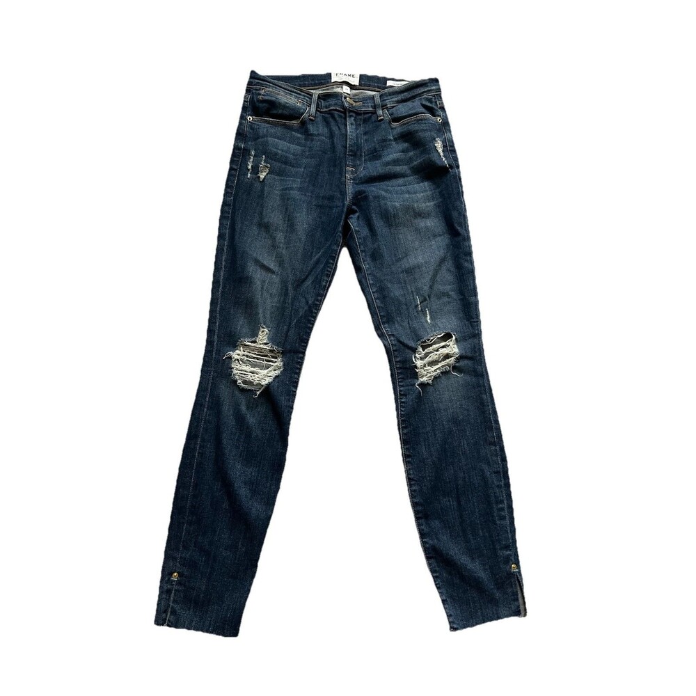 FRAME Le High Skinny Jeans Women’s 29 Dark Wash Distressed Knee Cropped